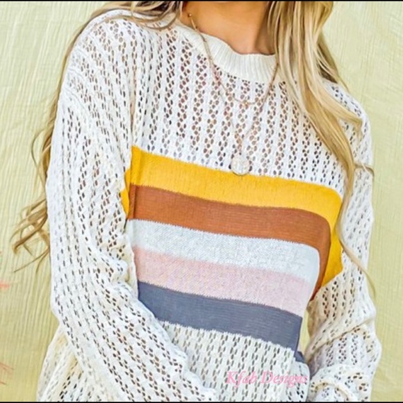New! Clearance Colorblock Eyelet Hole Striped Lightweight Long Sleeve Sweater - Picture 9 of 9